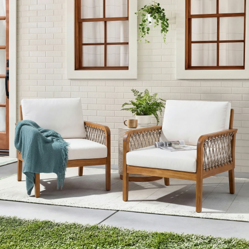 Set of 2 29-Inch Teak Acacia Wood Rope Outdoor Club Chairs, Cream