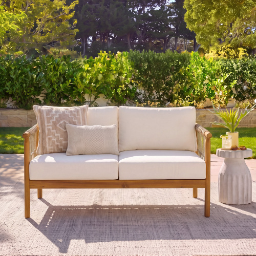 Oversized Teak Acacia Patio Loveseat with Beige Rope & Cream Cushions