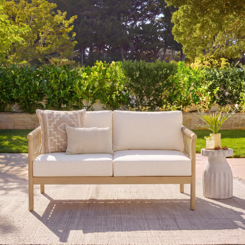 Oversized Light Teak Acacia Wood Outdoor Loveseat with Cream Cushions