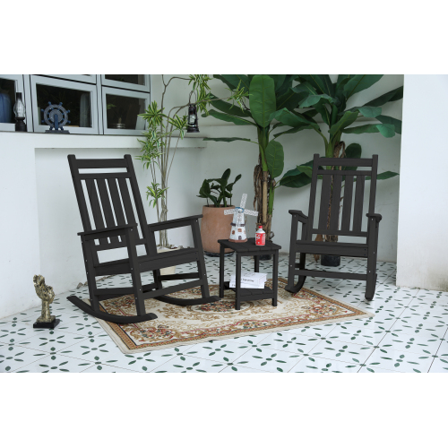 3-Piece Grey Plastic Outdoor Rocking Chair Set with Side Table