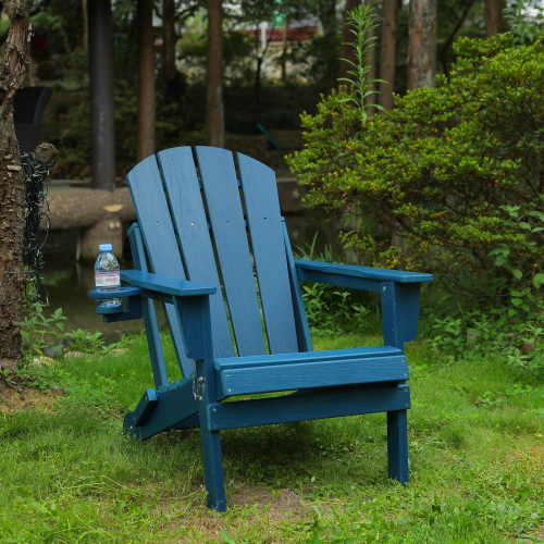 Navy Blue HDPE Folding Adirondack Chair with Dual Cup Holders, 31.5 in