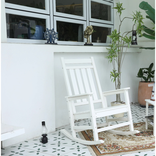 Oversized White Plastic Outdoor Rocking Chair with Wood Texture