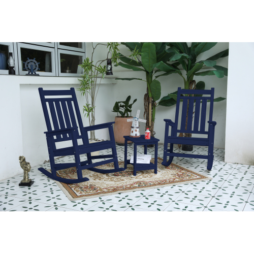 3-Piece Navy Blue Plastic Rocking Chair Set with Wood-Texture Table