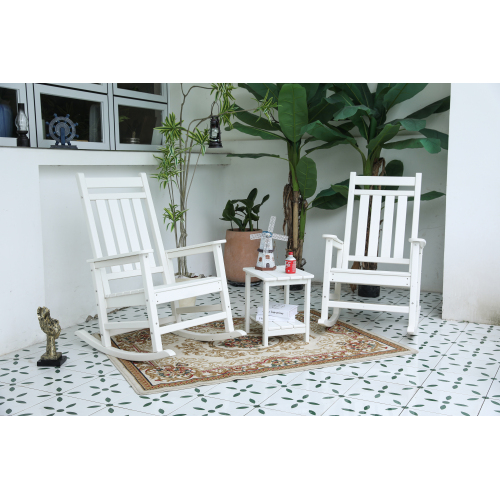 White 3-Piece All-Weather Plastic Rocking Chair Set with Side Table