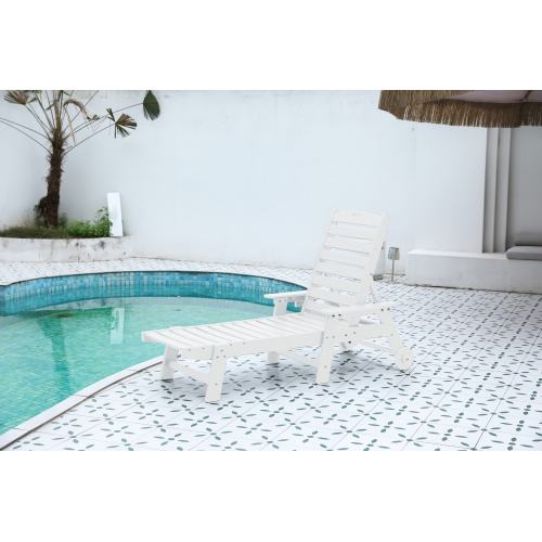 Oversized White HDPE Outdoor Chaise Lounge, 5-Position with Wheels
