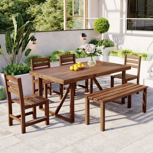 Brown Acacia Wood Outdoor Patio Table and Chair Furniture Set
