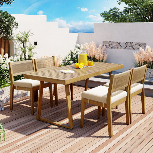 Beige Multi-Person Acacia Wood Outdoor Dining Set with Cushions