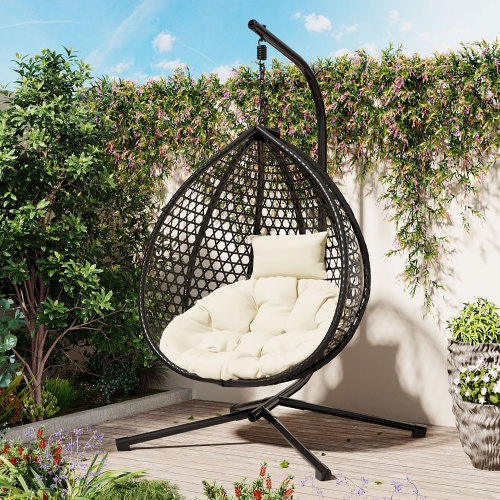 Black HDPE Hanging Egg Chair with Stand, 42.13 x 39 x 76.77 in
