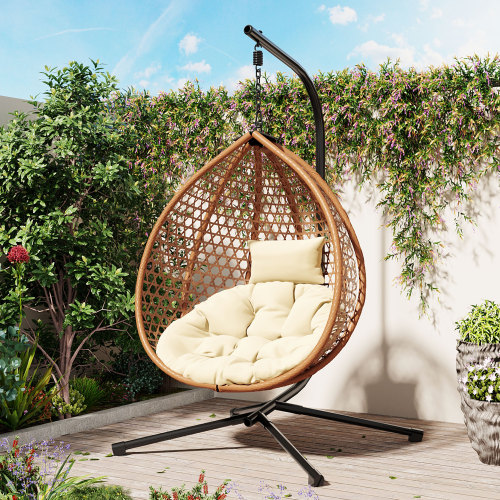 Brown HDPE Hanging Egg Chair with Stand, 42.13 x 39 x 76.77 in