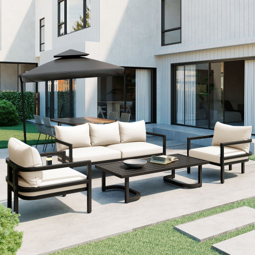 Beige Multi-Person Steel Outdoor Patio Sofa Set for Garden & Lawn