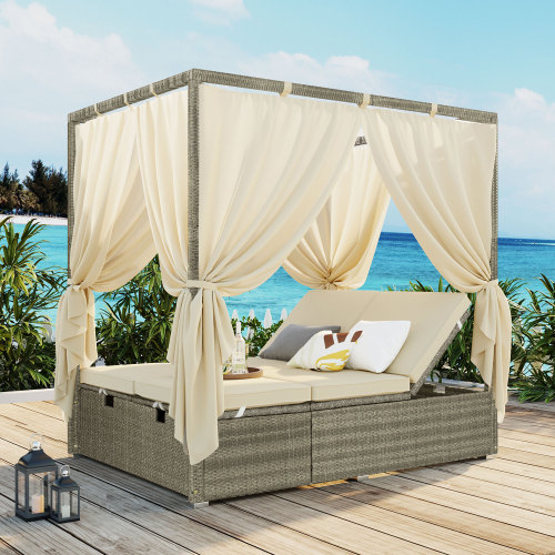 Adjustable Beige Rattan Outdoor Sun Bed with Curtain, 79.9-Inch
