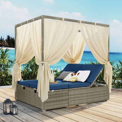 Dark Blue Adjustable Rattan Sun Bed with Curtain, 79.9-Inch