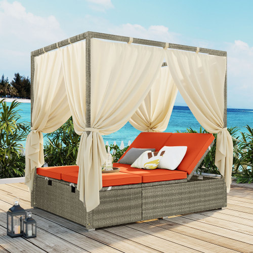 Orange Adjustable Rattan Outdoor Sun Bed with Curtain, 79.9-Inch