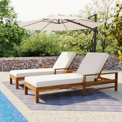 Set of 2 Natural Acacia Wood Outdoor Chaise Lounges with Adjustable Backs
