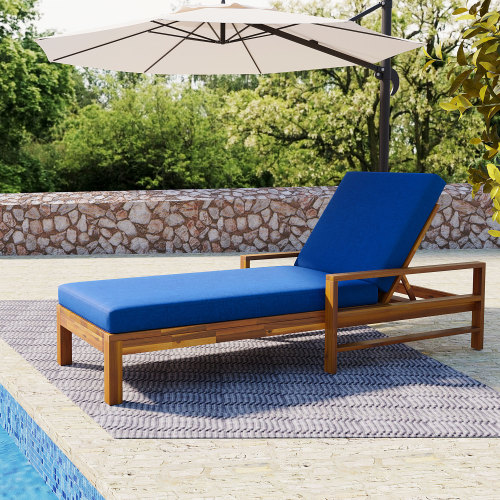 Adjustable Acacia Wood Outdoor Lounge Chair, Natural and Blue