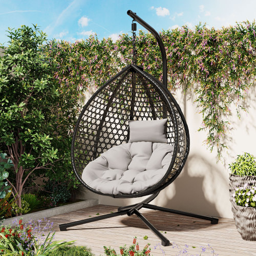Gray HDPE Hanging Egg Chair with Stand and Cushion, 42.13-Inch Wide
