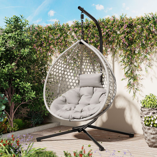 Gray HDPE Hanging Egg Chair with Stand and Cushion, 42-Inch Size