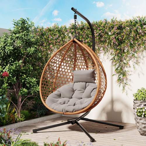 Grey HDPE Hanging Egg Chair with Stand, 42.13 x 39 x 76.77 Inches