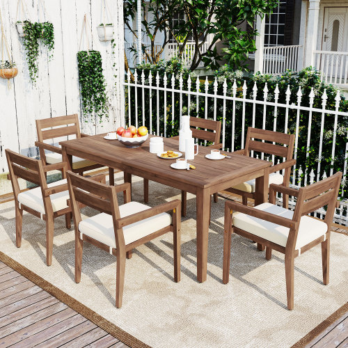 U_Style 7 Pieces Acacia Wood Outdoor Dining Set with Cushions,Modern 6 Chairs and 1 Large Table, Dining Furniture Set for Lawn, Backyard, Garden Deck,Poolside - Burly Wood