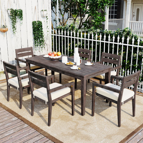 Gray 7-Piece Acacia Wood Outdoor Dining Set with Cushioned Chairs