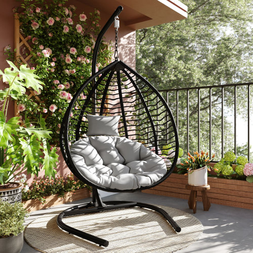Gray PE Rattan Hanging Egg Chair with Iron Stand and Cushion