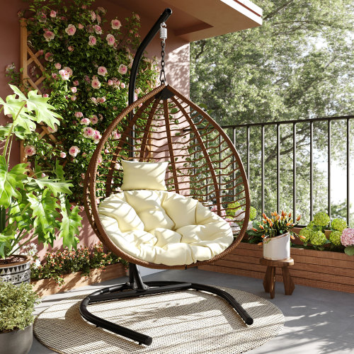 Brown PE Rattan Hanging Egg Chair with Stand and Plush Cushion