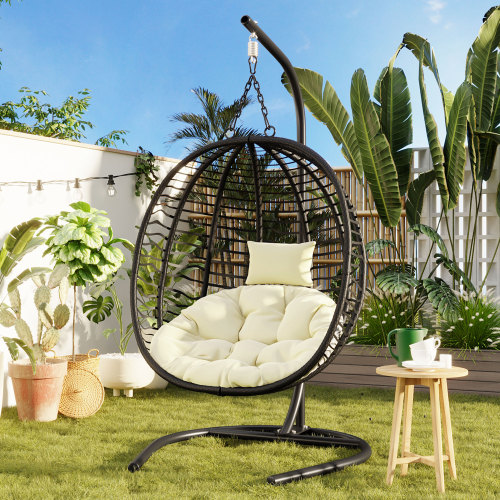 Black HDPE Single-Person Folding Egg Chair with Stand and Cushion