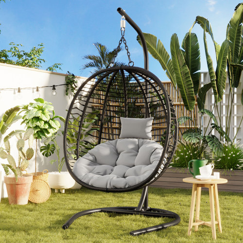 Gray HDPE Single-Person Folding Egg Chair with Stand and Cushion