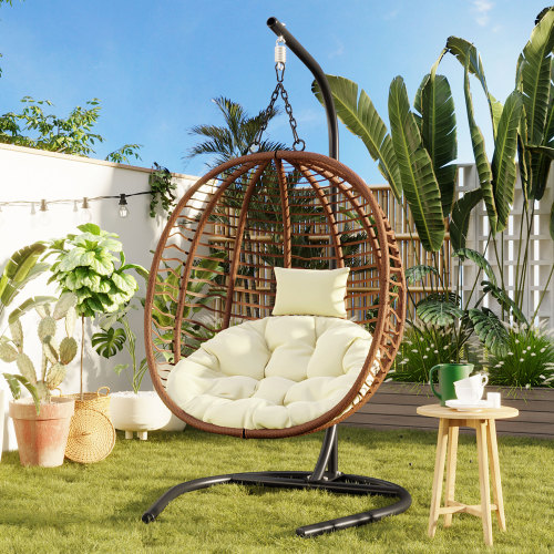 Brown HDPE Single-Person Folding Egg Swing Chair with Stand