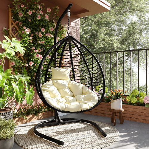 Black PE Rattan Hanging Egg Chair with Iron Stand and Cushion