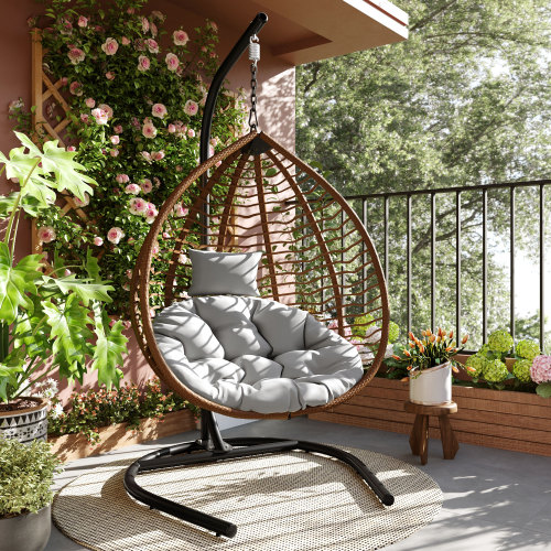 Gray PE Rattan Hanging Egg Swing Chair with Foldable Iron Stand