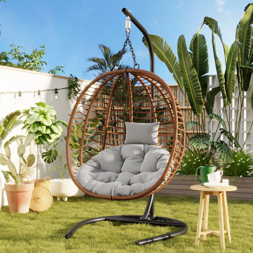 Gray Single-Person HDPE Folding Egg Chair with Stand and Cushion
