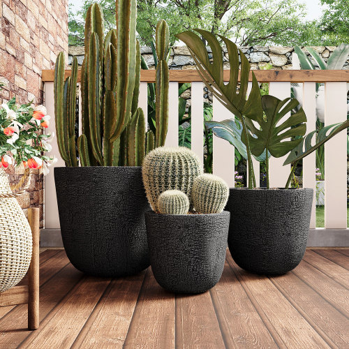 Black Magnesium Oxide Round Planters, Set of 3, 16.93–11.02 In.