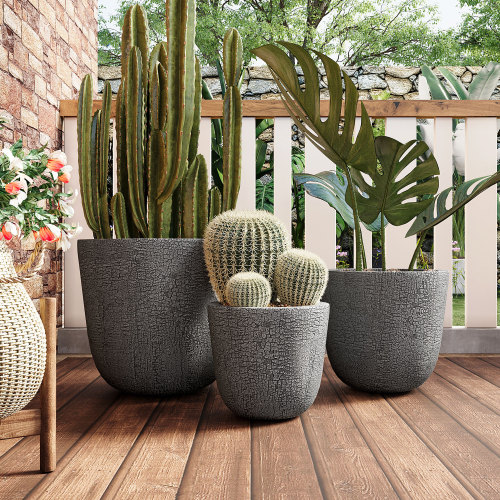 Gray Magnesium Oxide Round Planters, Set of 3, 16.93/13.78/11.02 In.