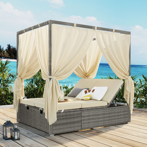 Beige Rattan Outdoor Sun Lounger with Canopy, 77.2 x 59 x 79.1 in