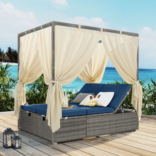 77.2 x 59 x 79.1-Inch Dark Blue Rattan Sun Lounger with Canopy