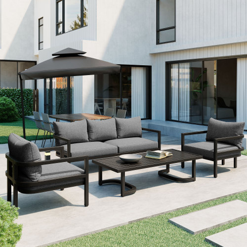Gray Steel Multi-Person Outdoor Patio Sofa Set with Coffee Table