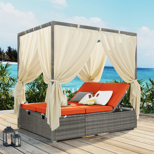 Orange Rattan Adjustable Sun Lounger with Canopy, 77.2-Inch