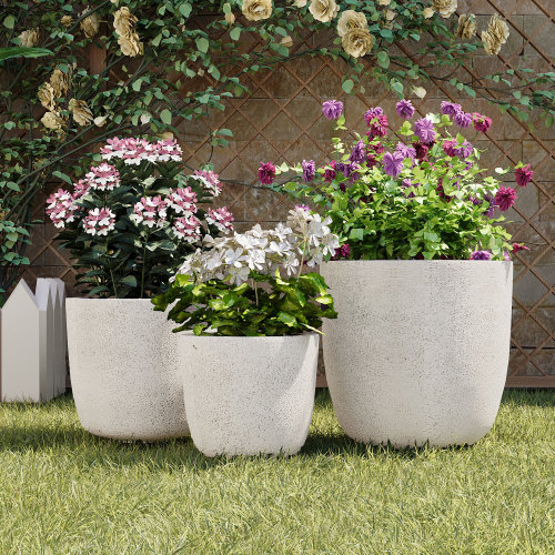 White Magnesium Oxide Round Planters, Set of 3, 16.9/13.9/11.22 In
