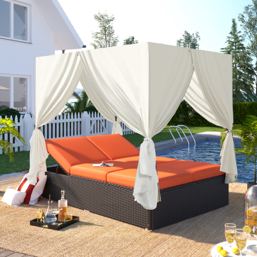 77-Inch Orange Rattan Double Chaise Lounge Daybed with Curtains