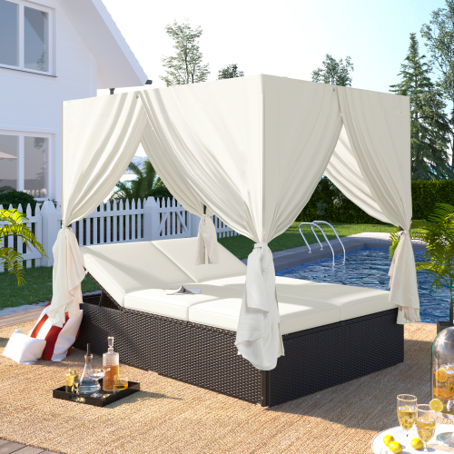 Beige Rattan Double Chaise Daybed with Curtains, 77-Inch Outdoor