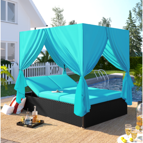 Blue Rattan Double Outdoor Chaise Daybed with Curtains and Cushions