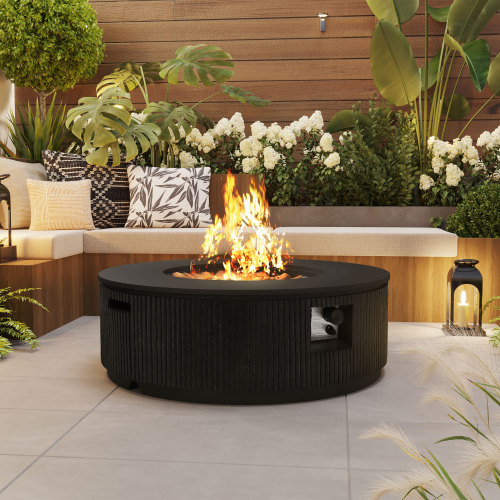 38.19-Inch Black Magnesium Oxide Propane Fire Pit with Stripe Design