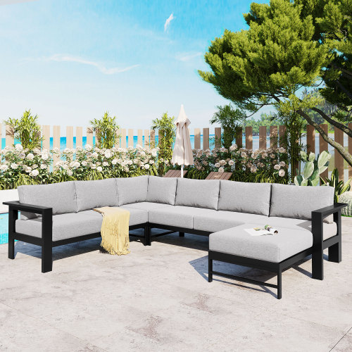 Grey 5-6 Seat U-Shaped Outdoor Sectional Sofa Set with Iron Frame