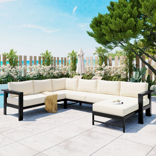Beige 5-6 Seat U-Shaped Iron Patio Sectional with Thick Cushions