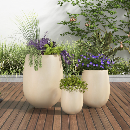 Beige Round Magnesium Oxide Planter Set, 3 Lightweight Sizes
