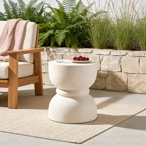 Beige Magnesium Oxide Outdoor Side Table with Stone Texture