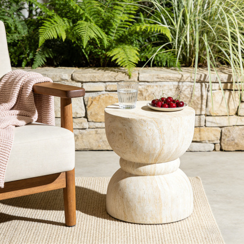 Beige & Yellow Magnesium Oxide Rounded Outdoor Accent Side Table
