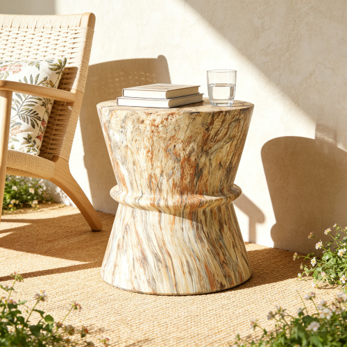 Brown Hourglass Magnesium Oxide Outdoor Side Table with Stone Texture