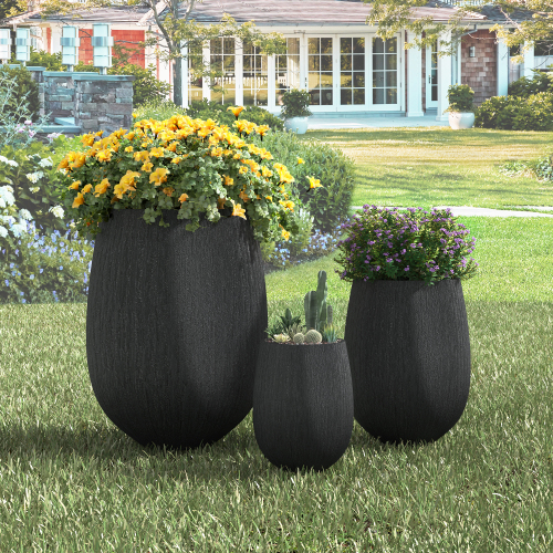 Set of 3 Black Egg-Shaped Magnesium Oxide Planters with Drainage